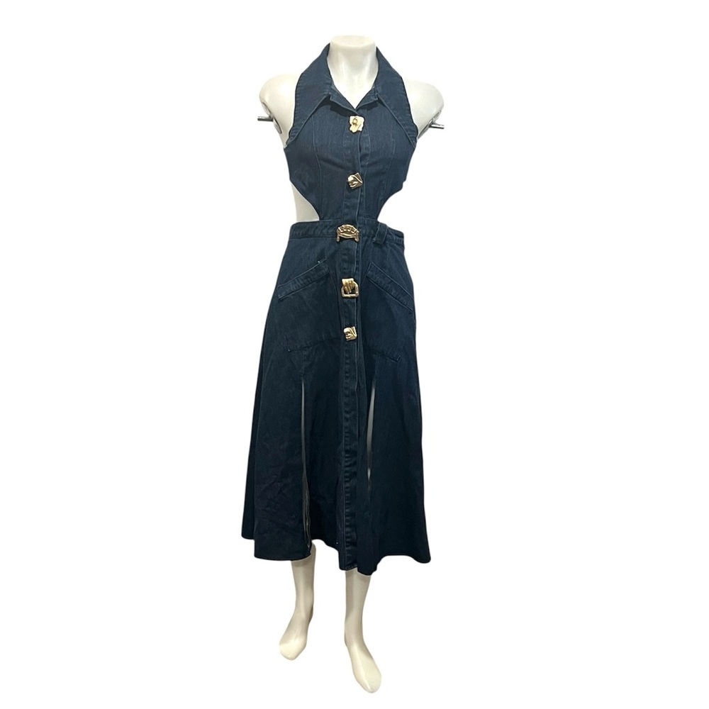 Nichole Lynel denim cut out midi/maxi dress with gold buttons size small NWT